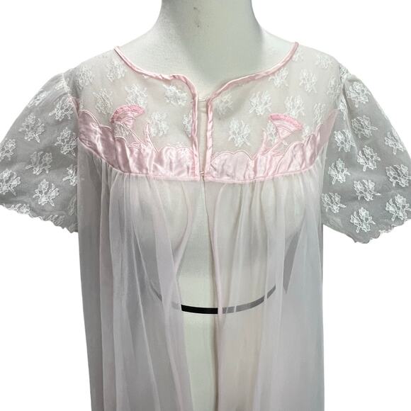 Vintage 60s 70s Peignoir Negligee L Pink Floral Nylon Lace Sheer Retro Feminine - Picture 2 of 13